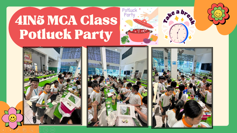 Students from Class 4IN5 enjoy a class potluck party in celebration of receiving the Model Class Award, strengthening class bonding and celebrating their collective achievement.
